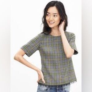 Banana Republic Brunch Wool Blend Tweed Top Gray Plaid Lace Trim XS Petite